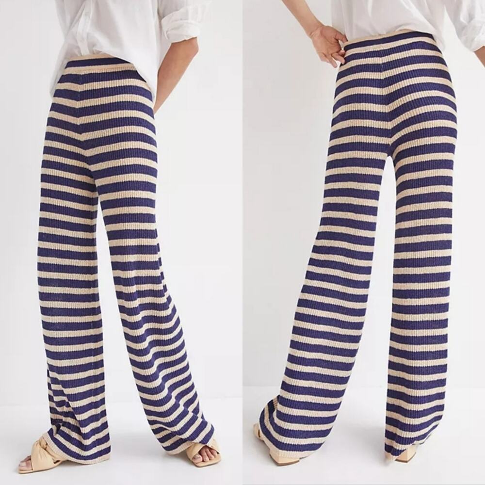 NWT Flat White Anthropologie Navy & Cream Striped Knit Pants, Sz M